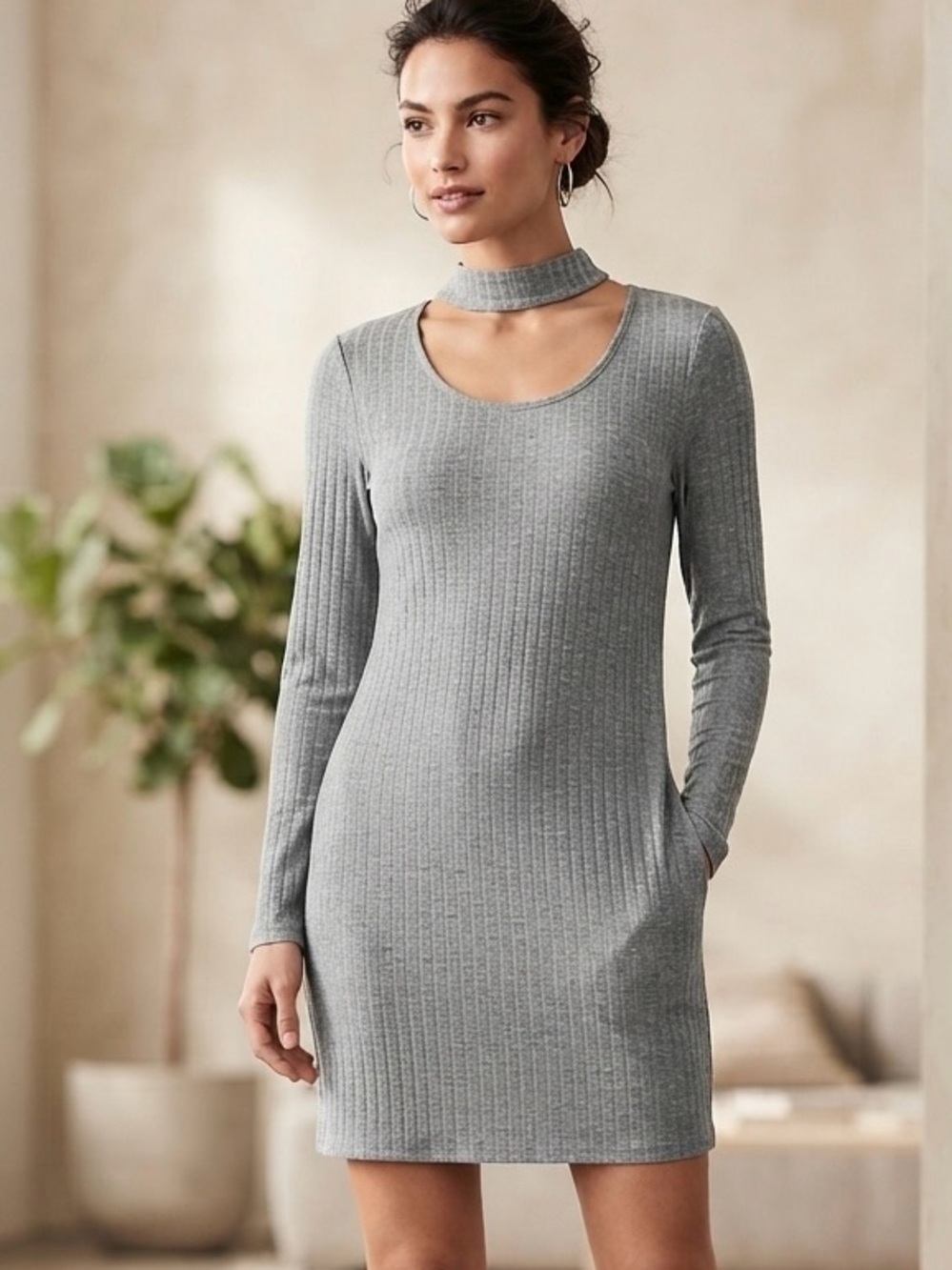 NWOT Holler Grey Ribbed Choker‎ Neck Mini Dress Size L